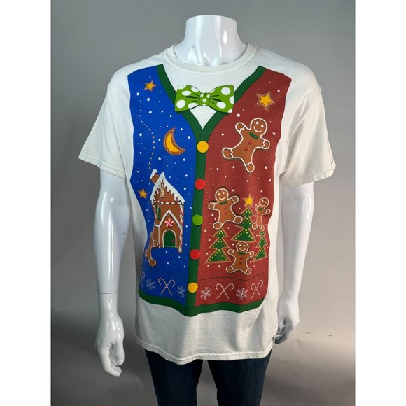 Christmas Holiday Gildan Faux Vest Gingerbread TShirt Large White Cotton - Picture 13 of 16